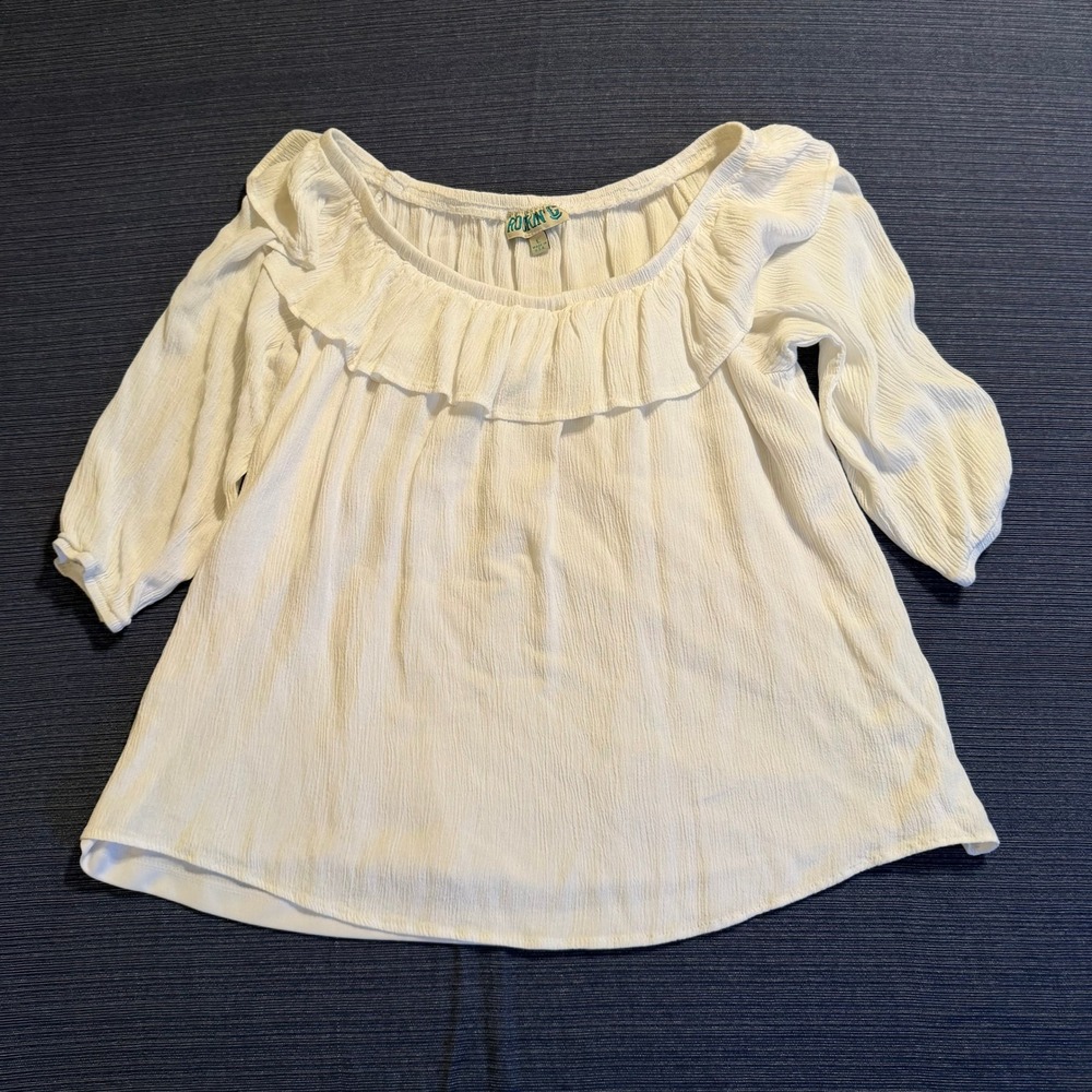 Rockin' C White Ruffle Crepon Blouse 3/4 Sleeve Boho Top L Made in USA RC1436155